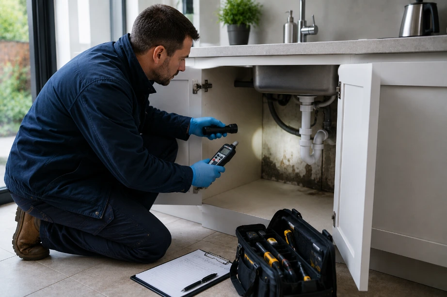 Common damp symptoms showing wall damage, moisture stains and peeling paint in residential property